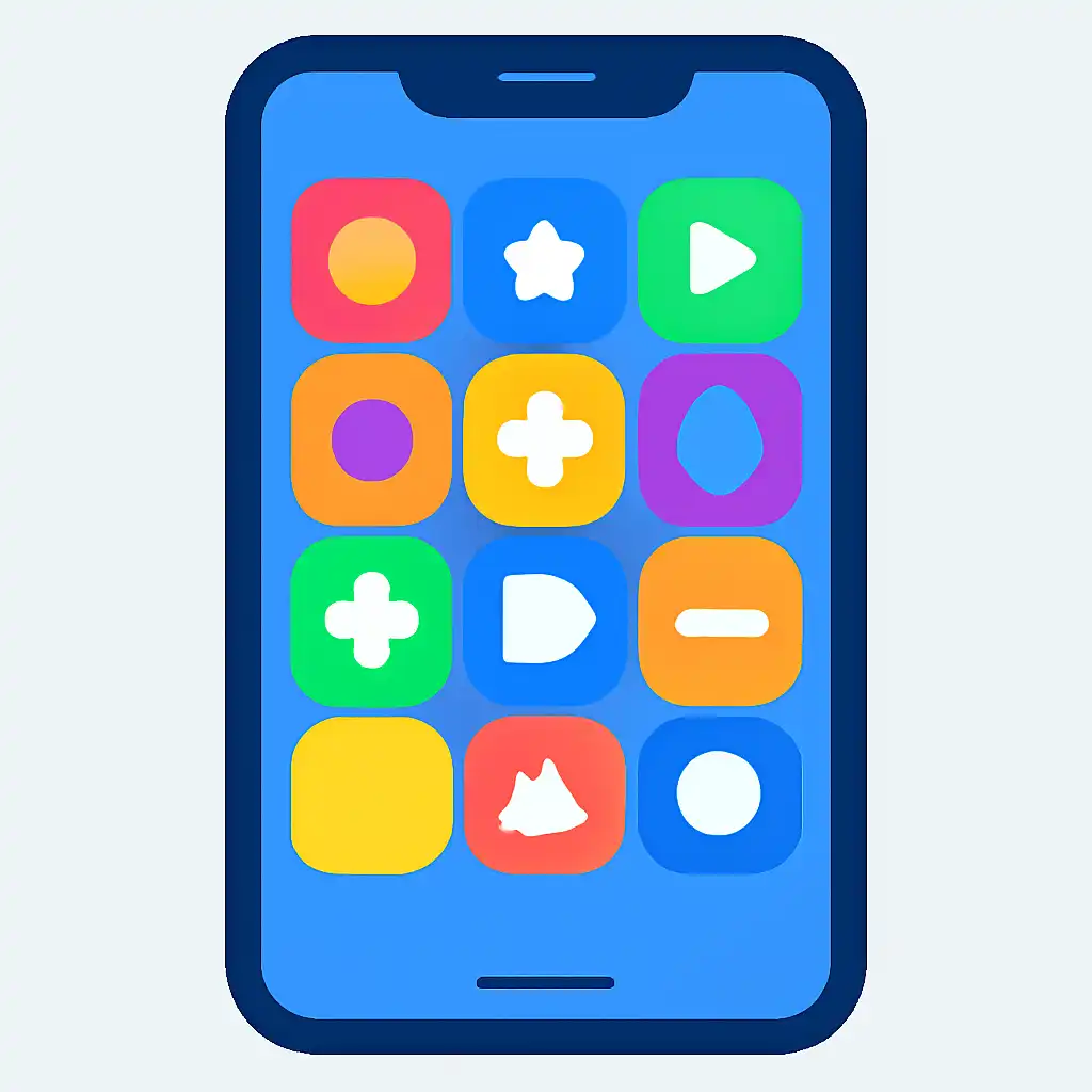 Smartphone shown from the front displaying a colourful flat layout of abstract game icons and rounded tiles (no text, no letters, no labels), 4rabet