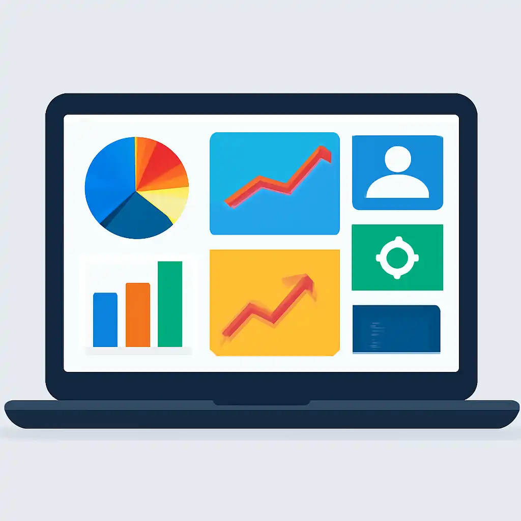 Laptop shown from the front displaying a colourful flat dashboard of abstract charts, bars and icon tiles (no text, no letters, no labels), 4rabet