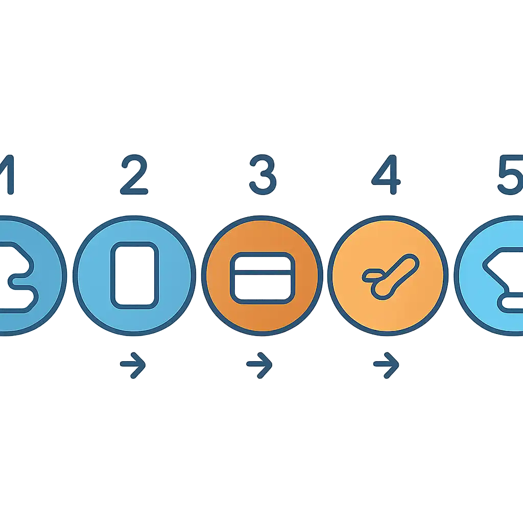Five numbered circular icons connected by arrows in a horizontal flow, flat illustration, icons only, no words, 4rabet steps