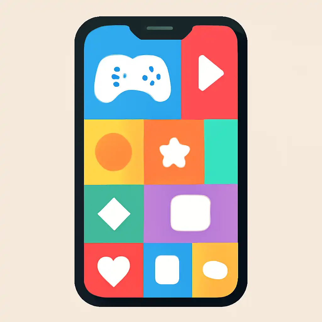 Smartphone shown from the front displaying a colourful flat layout of abstract game icons and rounded tiles (no text, no letters, no labels), 4rabet Login in India: Steps and Common Errors