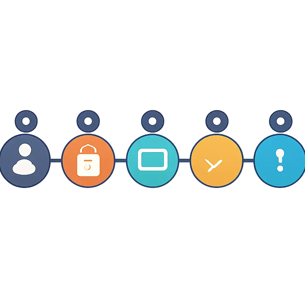Five numbered circular icons connected by arrows in a horizontal flow, flat illustration, icons only, no words, 4rabet Login in India: Steps and Common Errors steps