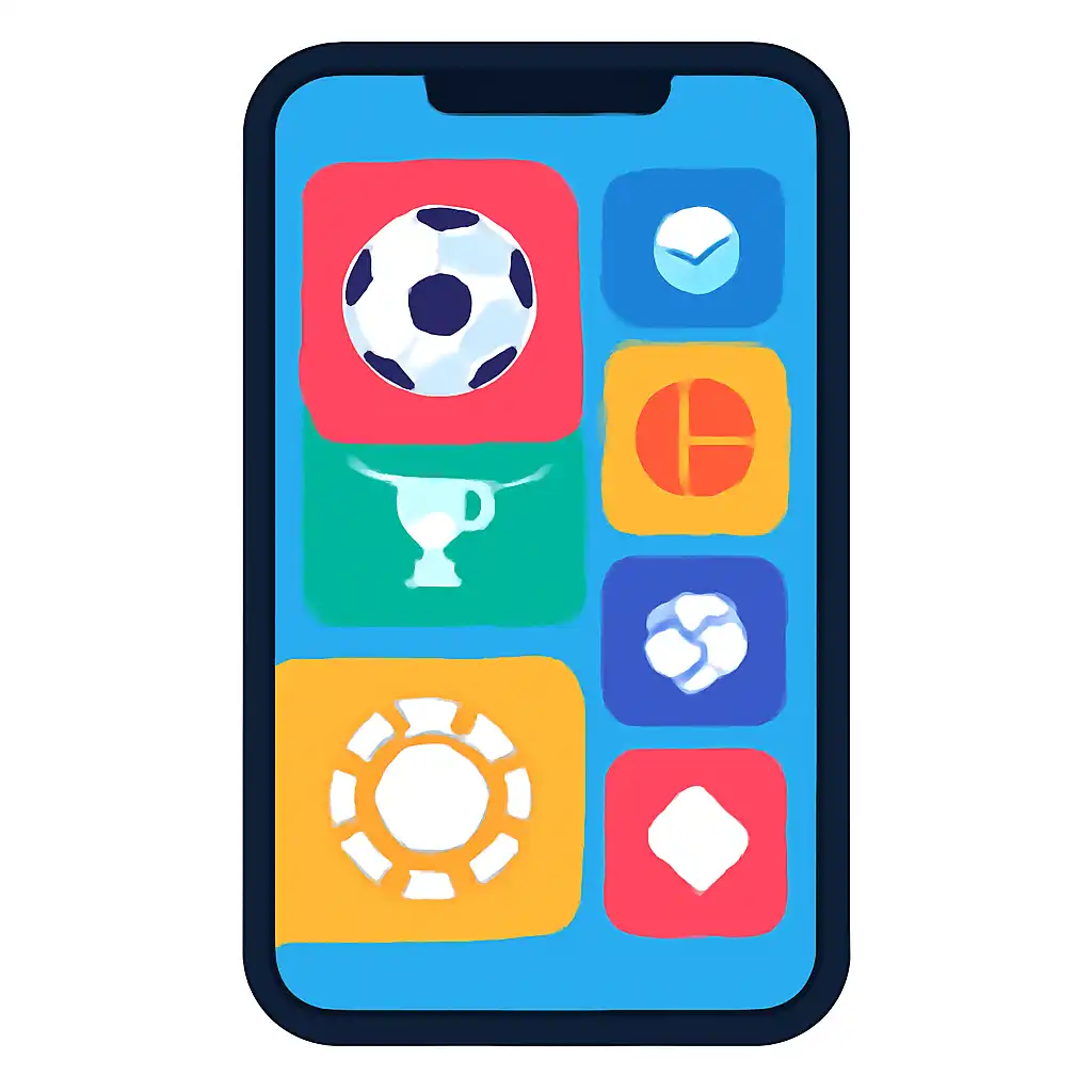 Smartphone shown from the front displaying a colourful flat layout of abstract game icons and rounded tiles (no text, no letters, no labels), Sportsbook and Casino Sections Explained