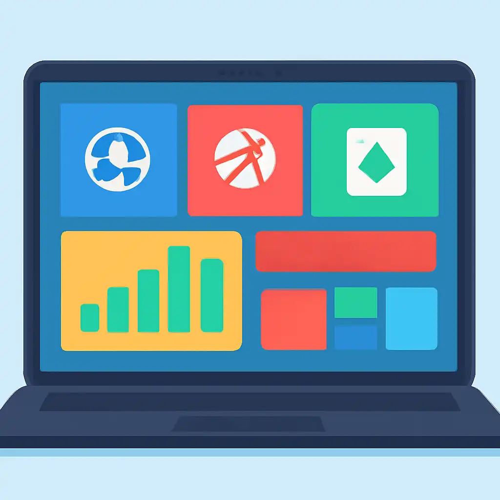 Laptop shown from the front displaying a colourful flat dashboard of abstract charts, bars and icon tiles (no text, no letters, no labels), Sportsbook and Casino Sections Explained