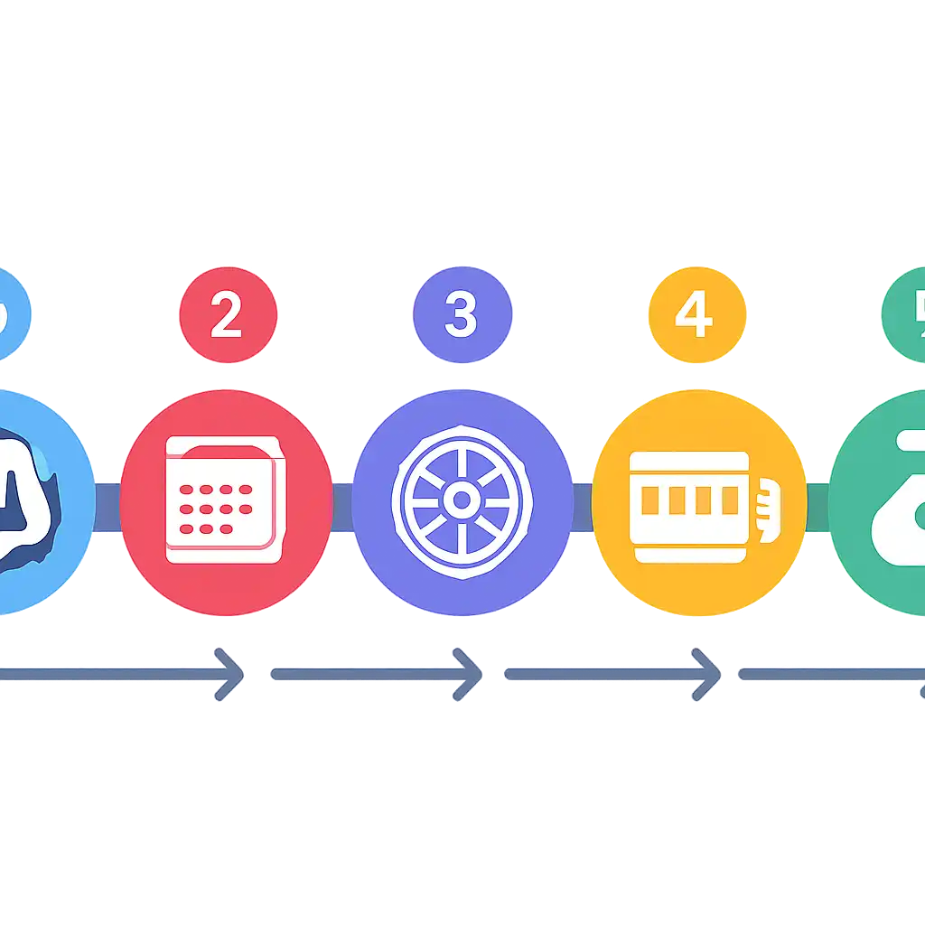Five numbered circular icons connected by arrows in a horizontal flow, flat illustration, icons only, no words, Sportsbook and Casino Sections Explained steps