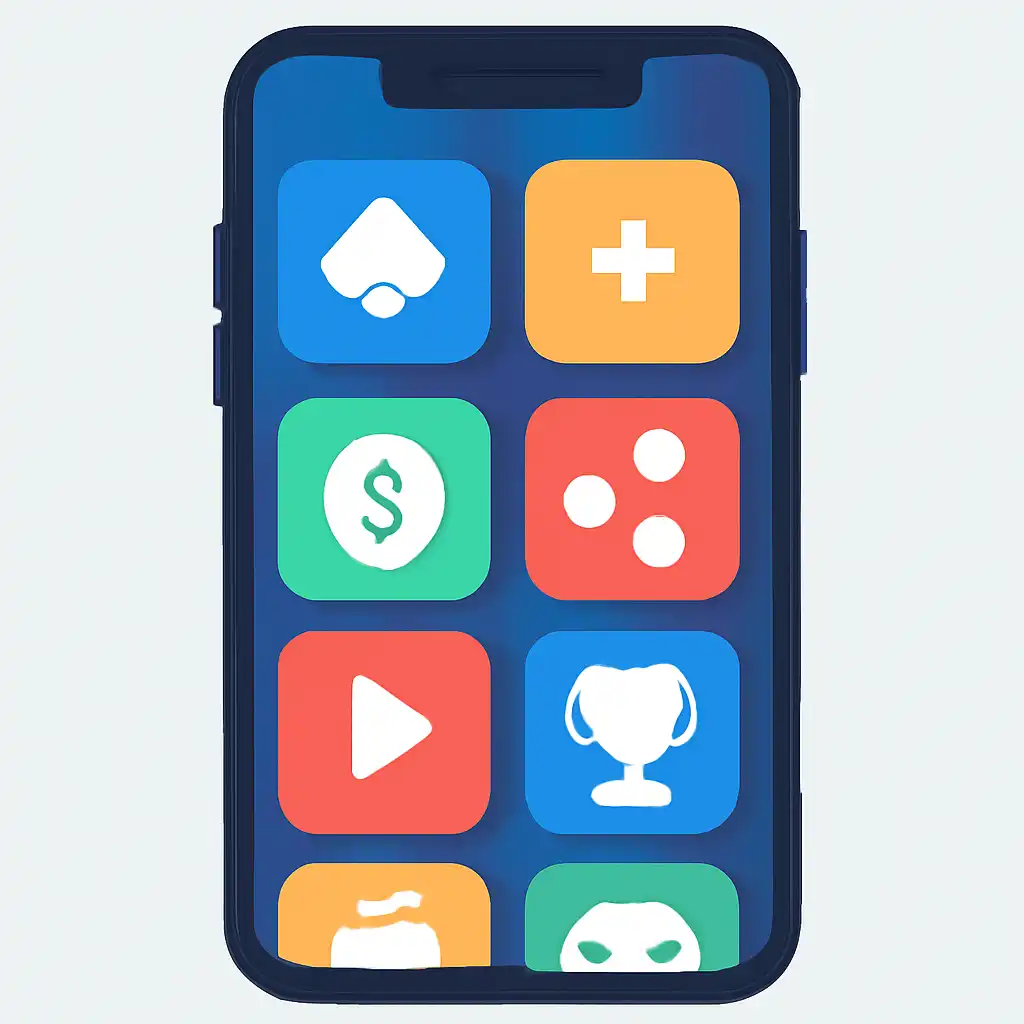 Smartphone shown from the front displaying a colourful flat layout of abstract game icons and rounded tiles (no text, no letters, no labels), Withdrawals: Methods, Limits and Timing