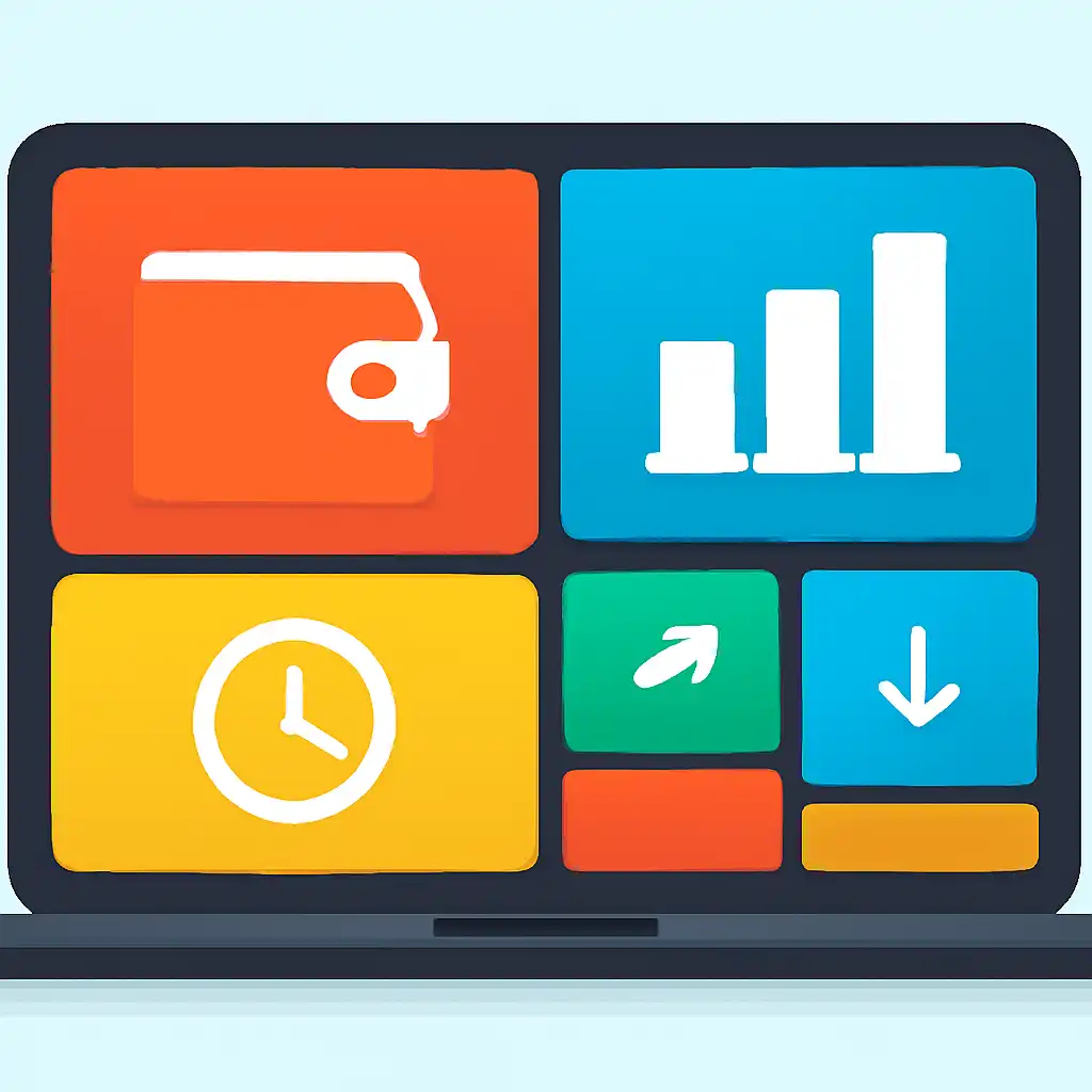 Laptop shown from the front displaying a colourful flat dashboard of abstract charts, bars and icon tiles (no text, no letters, no labels), Withdrawals: Methods, Limits and Timing