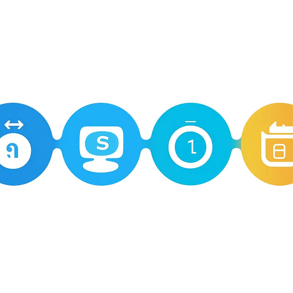 Five numbered circular icons connected by arrows in a horizontal flow, flat illustration, icons only, no words, Withdrawals: Methods, Limits and Timing steps