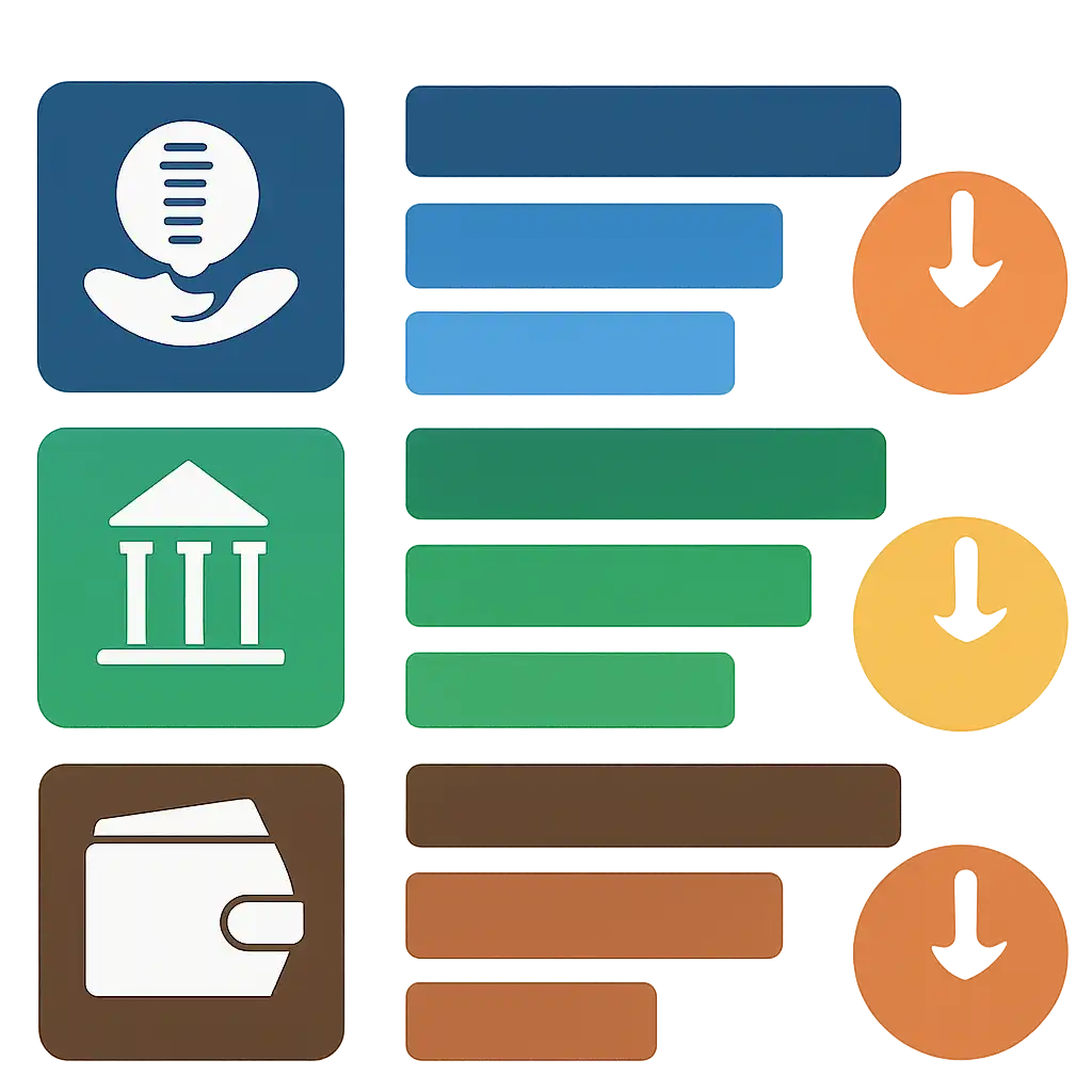 Infographic comparing options using coloured bars and icons only, no text or labels, flat design, Withdrawals: Methods, Limits and Timing
