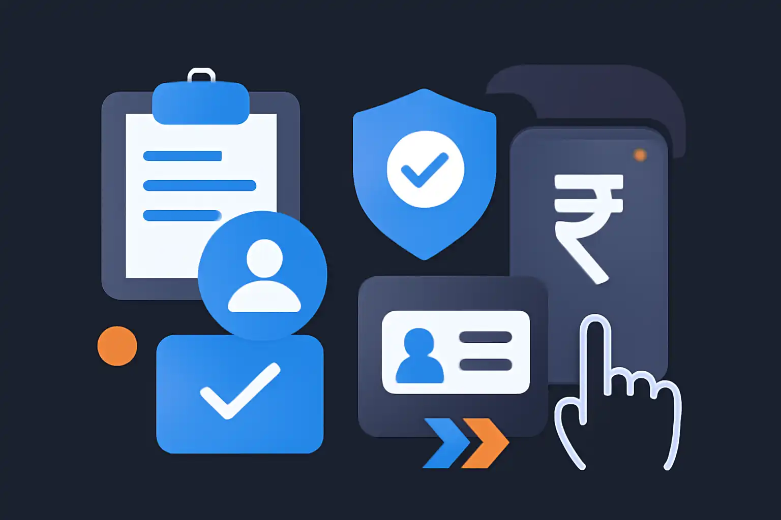 Hero illustration: Registration, KYC and First Deposit via UPI, modern flat design, dark background, brand-neutral, icons and shapes only, no text