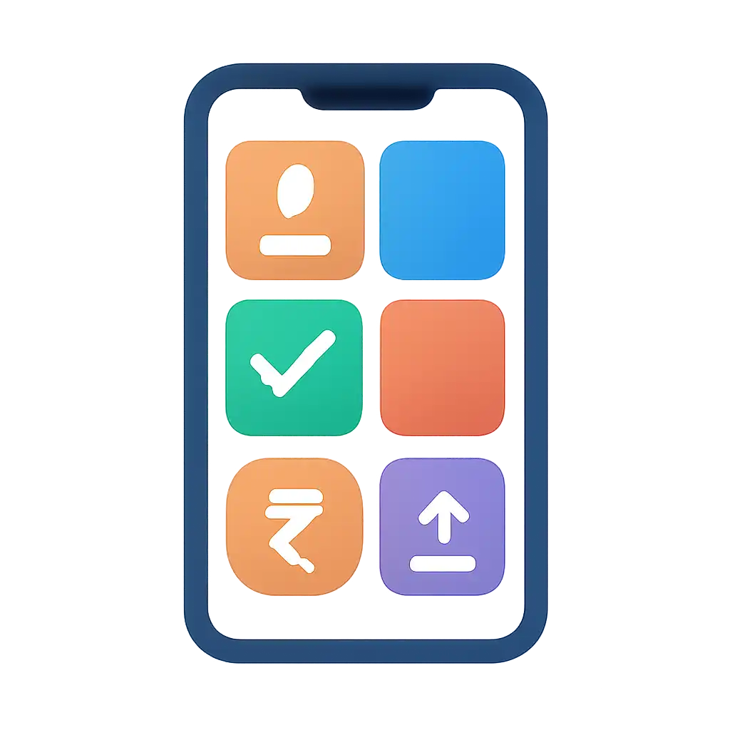 Smartphone shown from the front displaying a colourful flat layout of abstract game icons and rounded tiles (no text, no letters, no labels), Registration, KYC and First Deposit via UPI