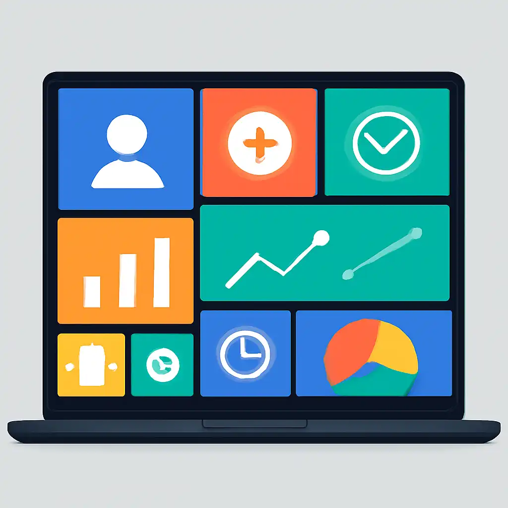 Laptop shown from the front displaying a colourful flat dashboard of abstract charts, bars and icon tiles (no text, no letters, no labels), Registration, KYC and First Deposit via UPI