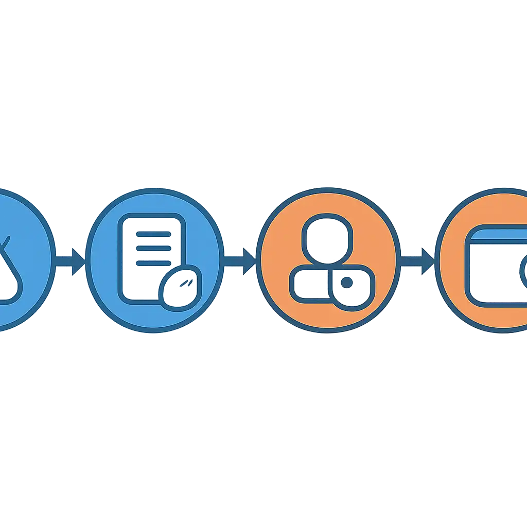 Five numbered circular icons connected by arrows in a horizontal flow, flat illustration, icons only, no words, Registration, KYC and First Deposit via UPI steps