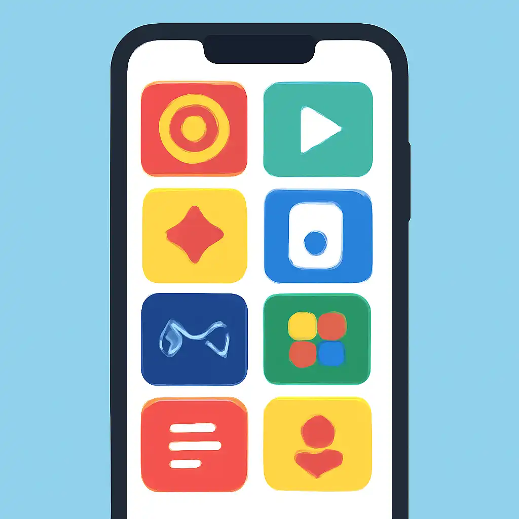 Smartphone shown from the front displaying a colourful flat layout of abstract game icons and rounded tiles (no text, no letters, no labels), 4rabet App for Android and iOS: Download and Install
