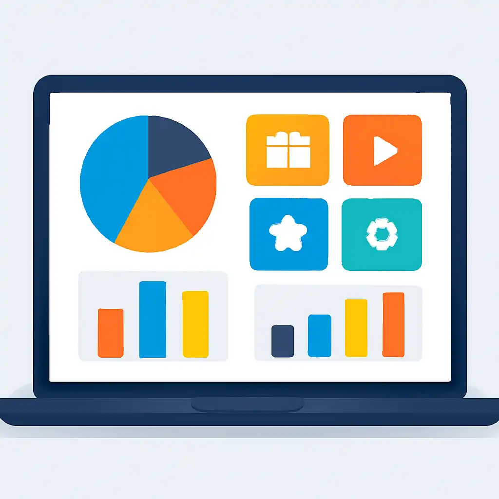 Laptop shown from the front displaying a colourful flat dashboard of abstract charts, bars and icon tiles (no text, no letters, no labels), 4rabet App for Android and iOS: Download and Install