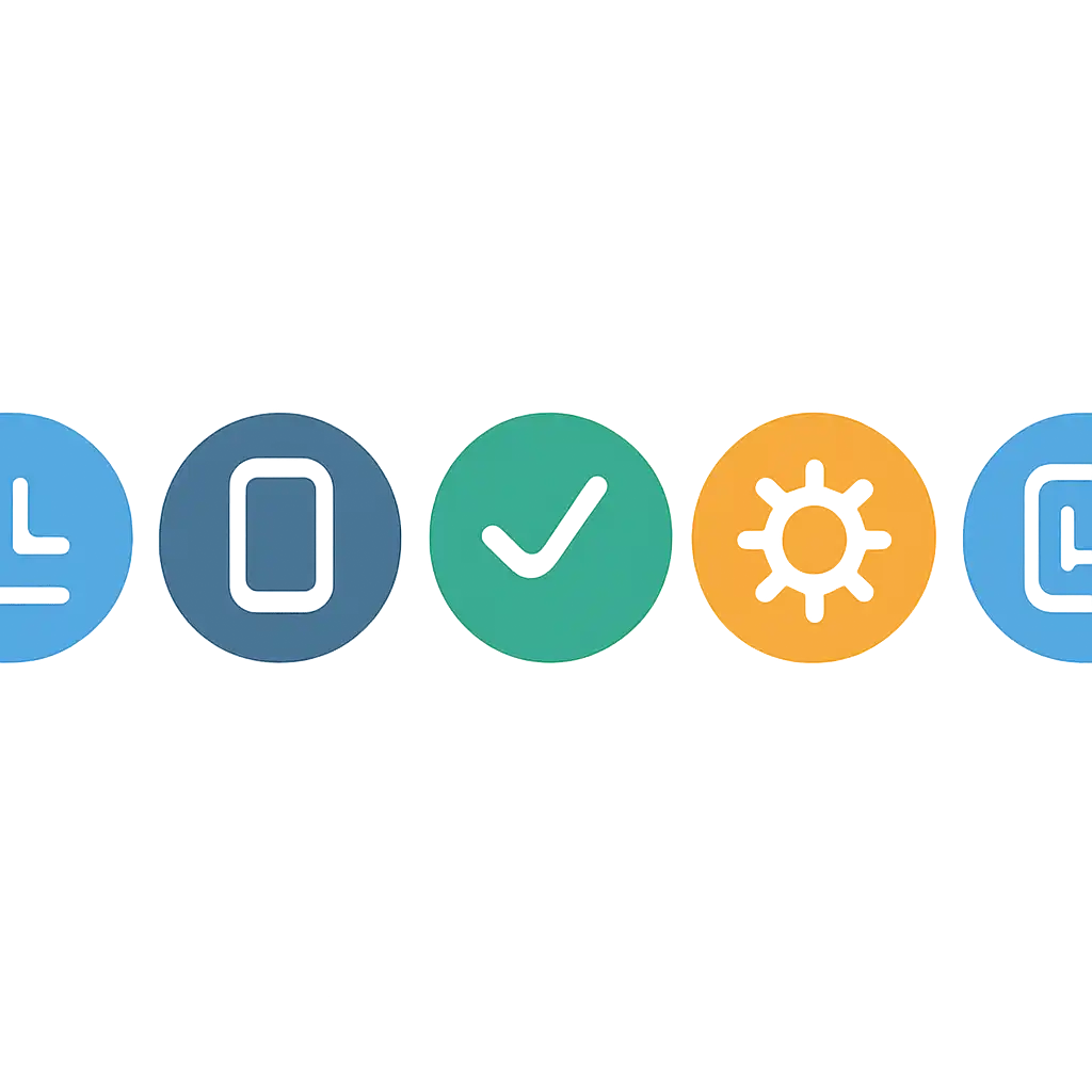 Five numbered circular icons connected by arrows in a horizontal flow, flat illustration, icons only, no words, 4rabet App for Android and iOS: Download and Install steps