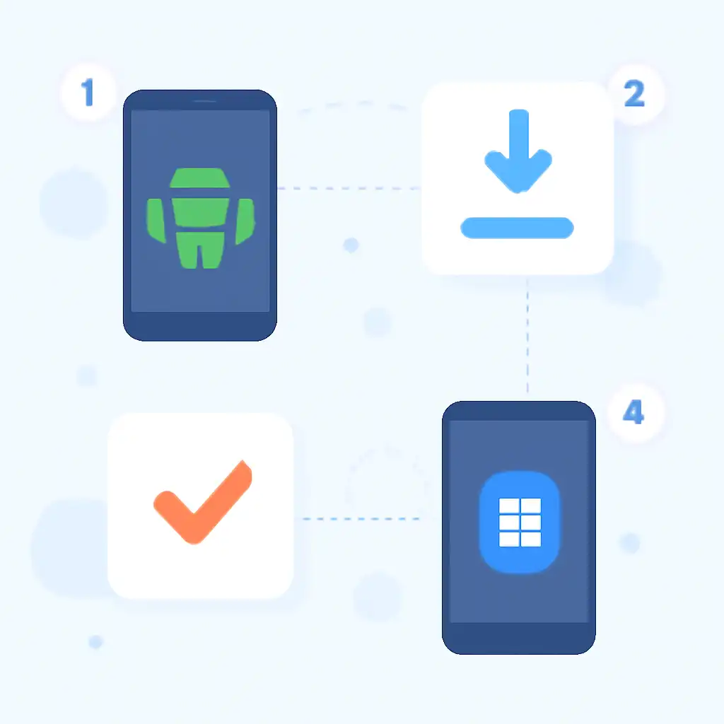 Annotated step diagram: android apk install process with numbered callouts