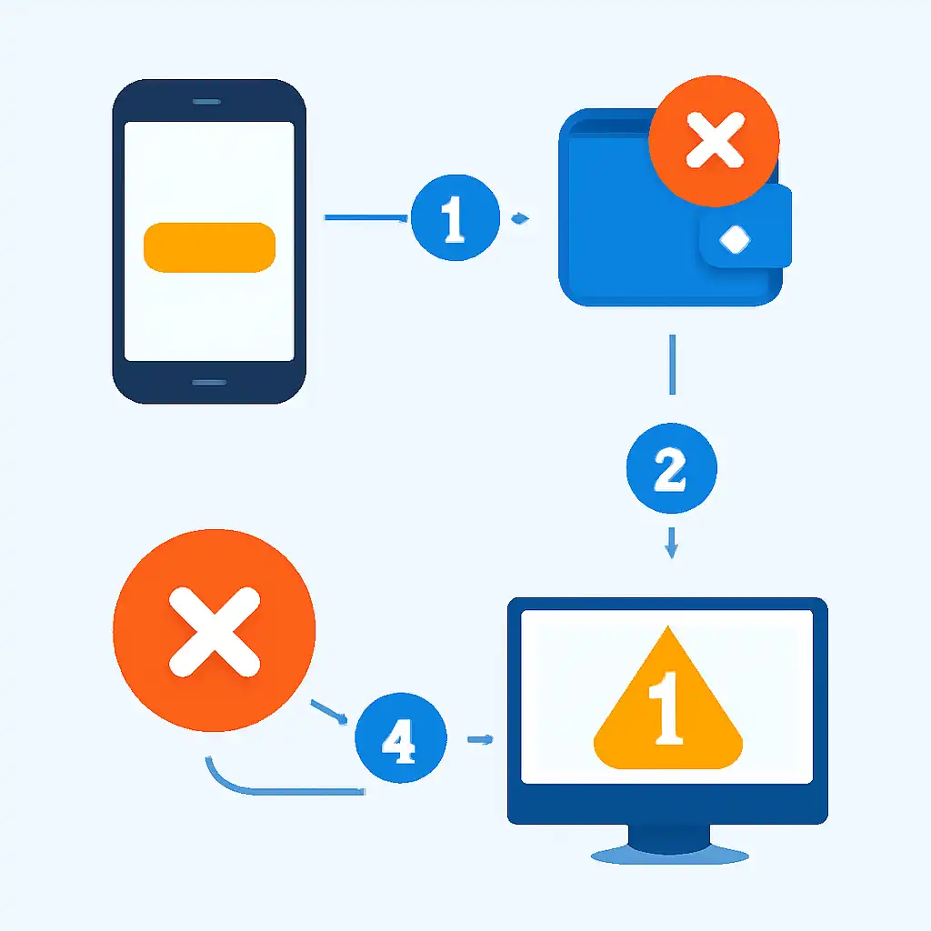 Annotated step diagram: failed transactions process with numbered callouts