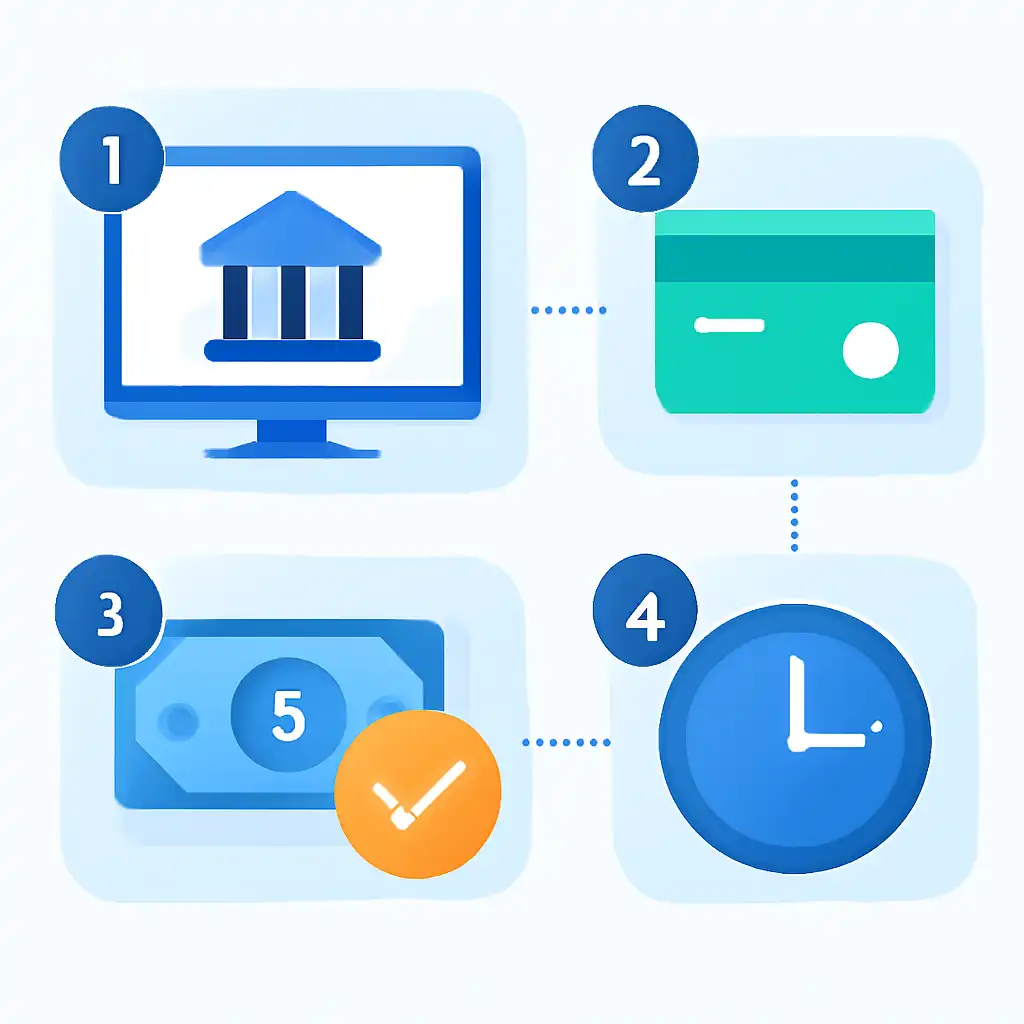 Annotated step diagram: bank transfer times process with numbered callouts