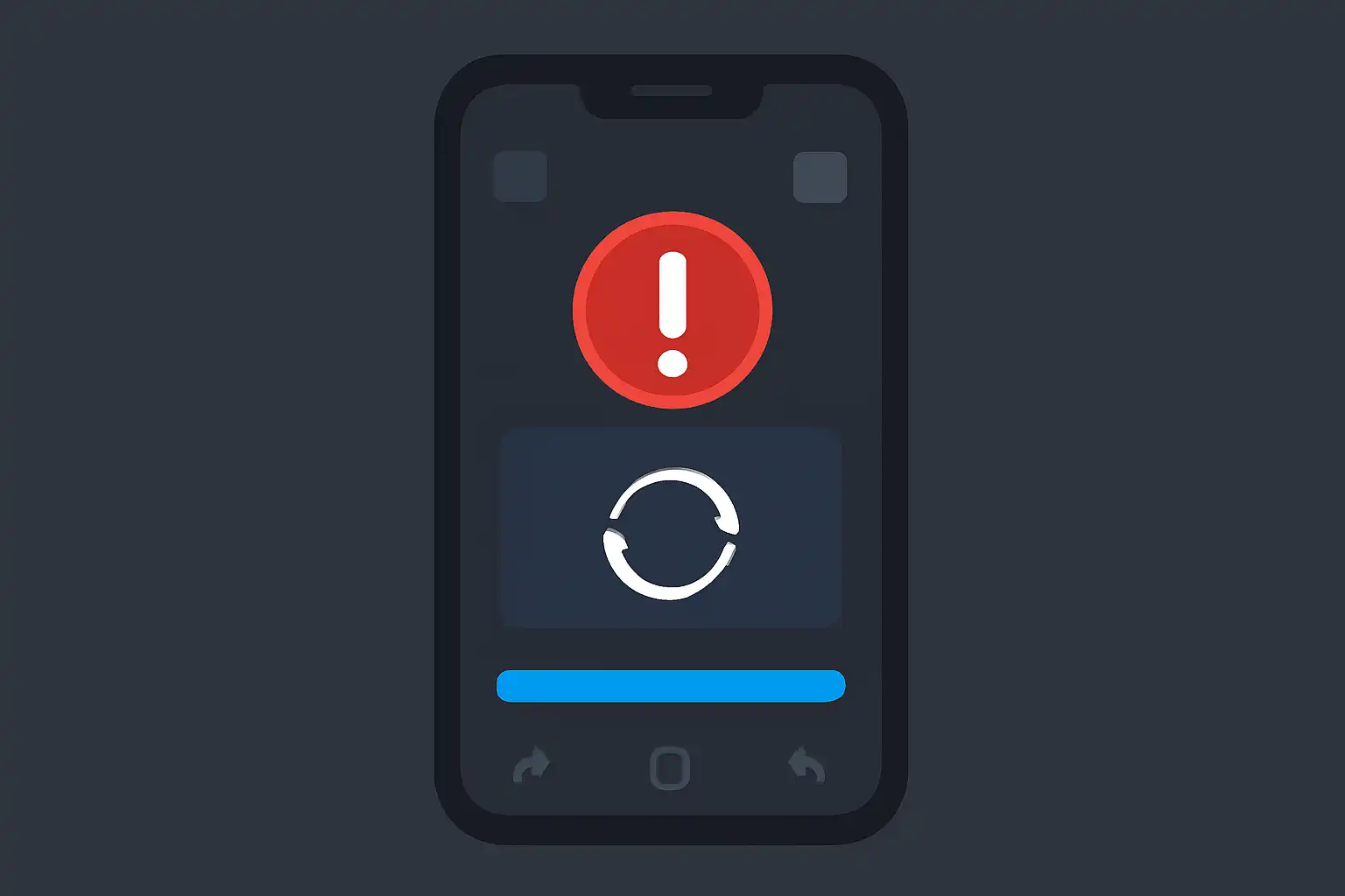 Detail screen: app update problems, mobile-first UI mockup, dark theme