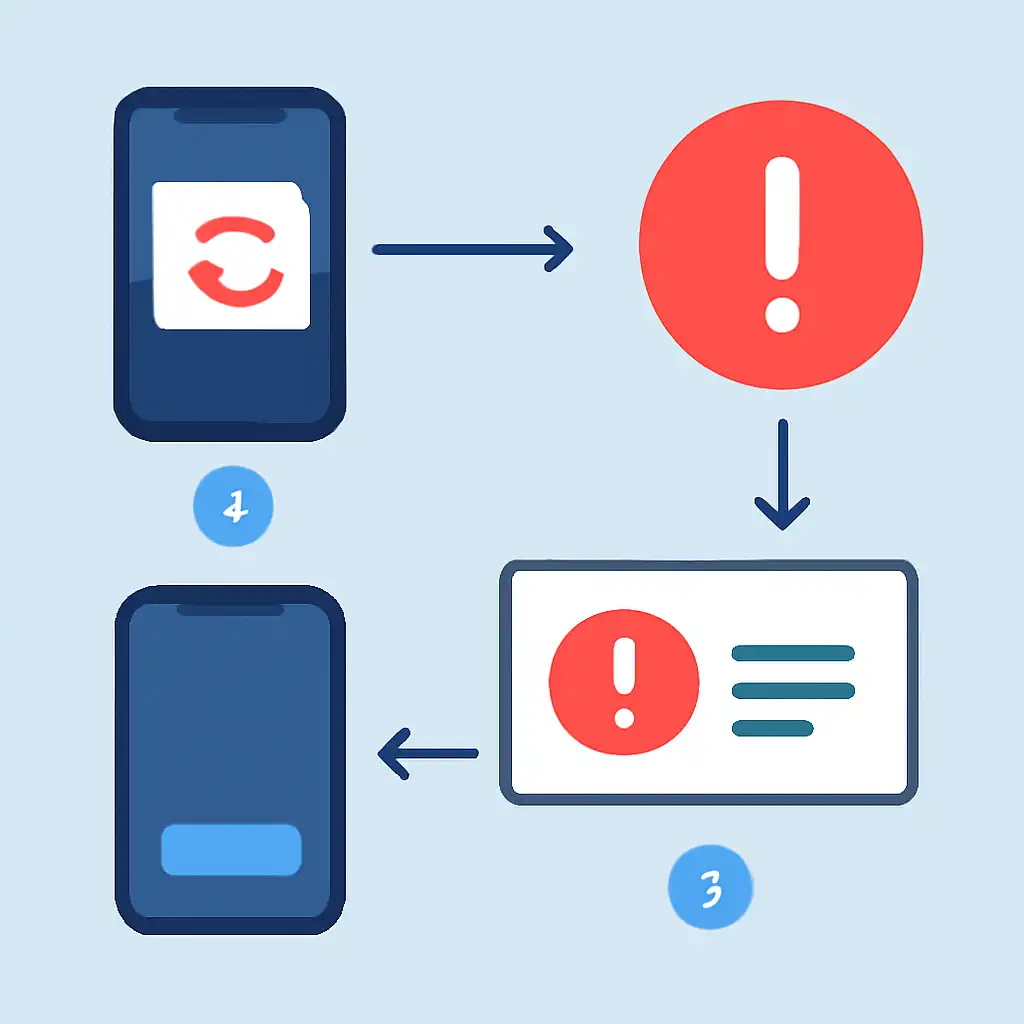 Annotated step diagram: app update problems process with numbered callouts